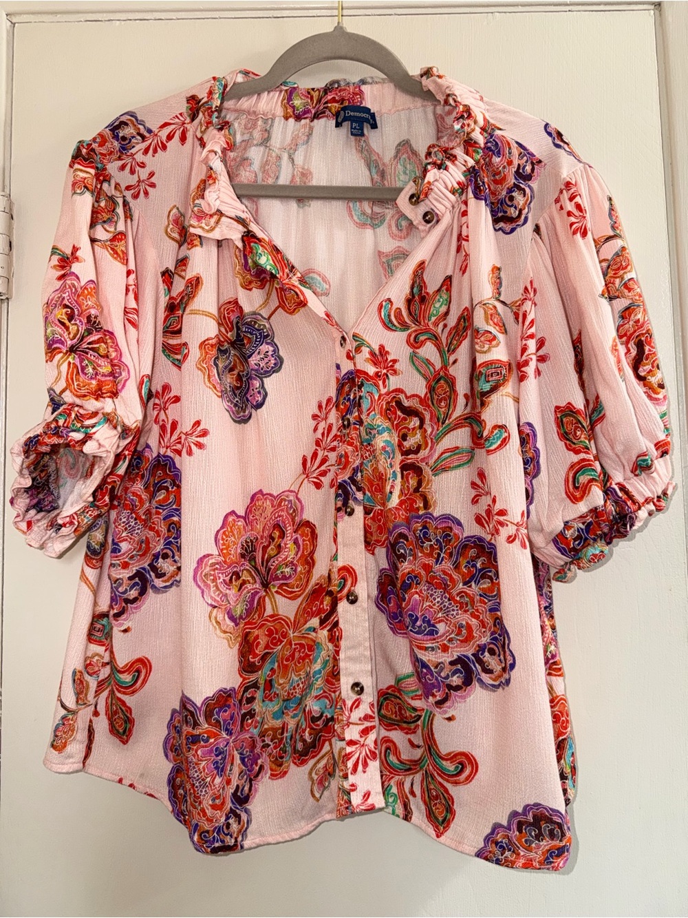 Democracy Pink Rose Pearl Floral Button-Front Puff Sleeve Boho Peasant Blouse PL